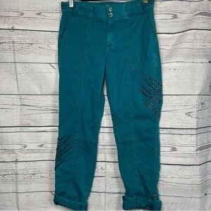 White House Black  Market Pret-A-Pedi Teal Roll Up Crop Pants Embellished Size 6